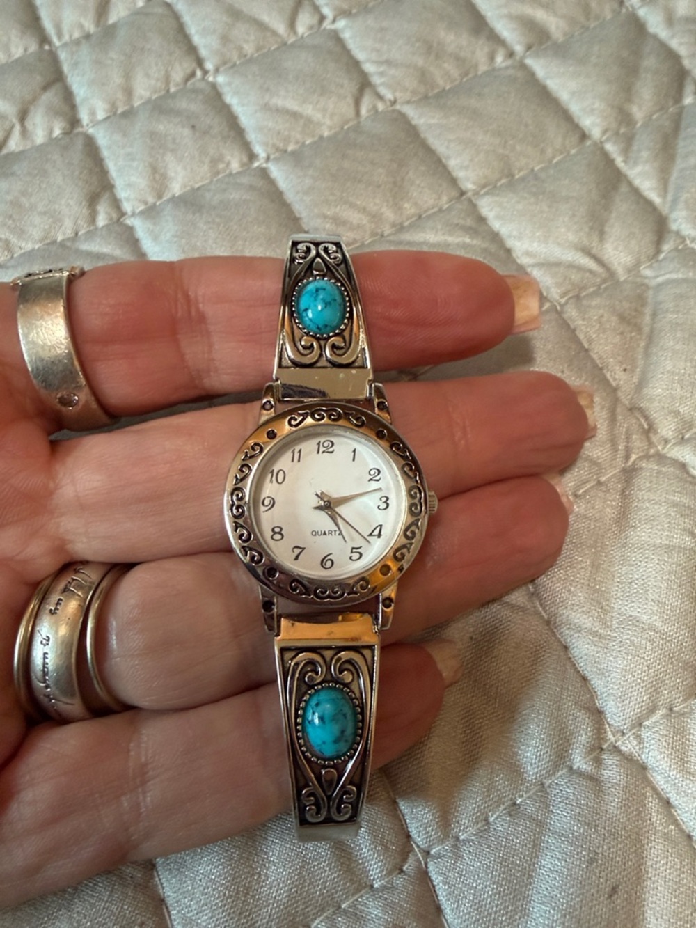 Silver-Tone Women's 8” Stretch Bracelet Watch with Turquoise Accents